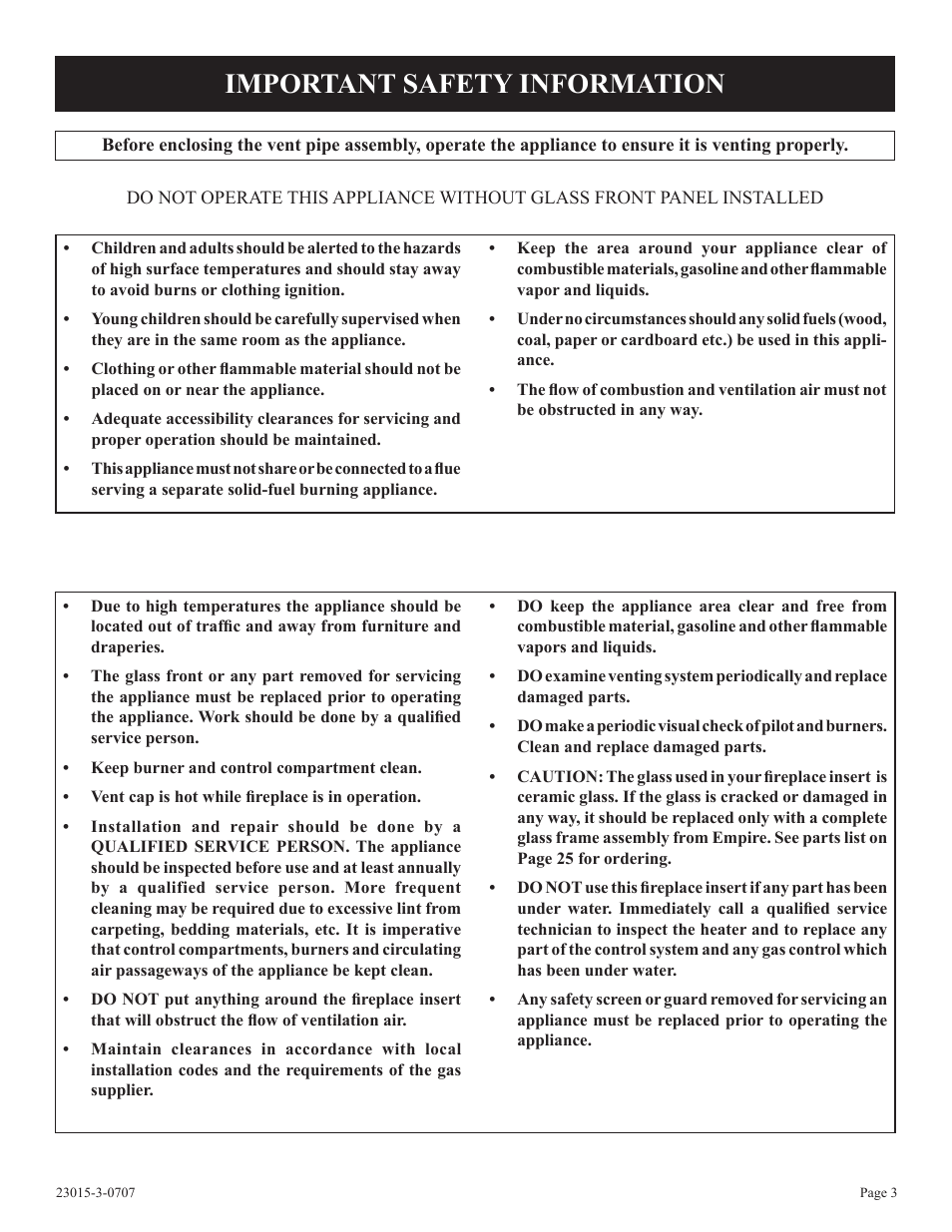 Important safety information | Empire Comfort Systems DV25IN33L User Manual | Page 3 / 28