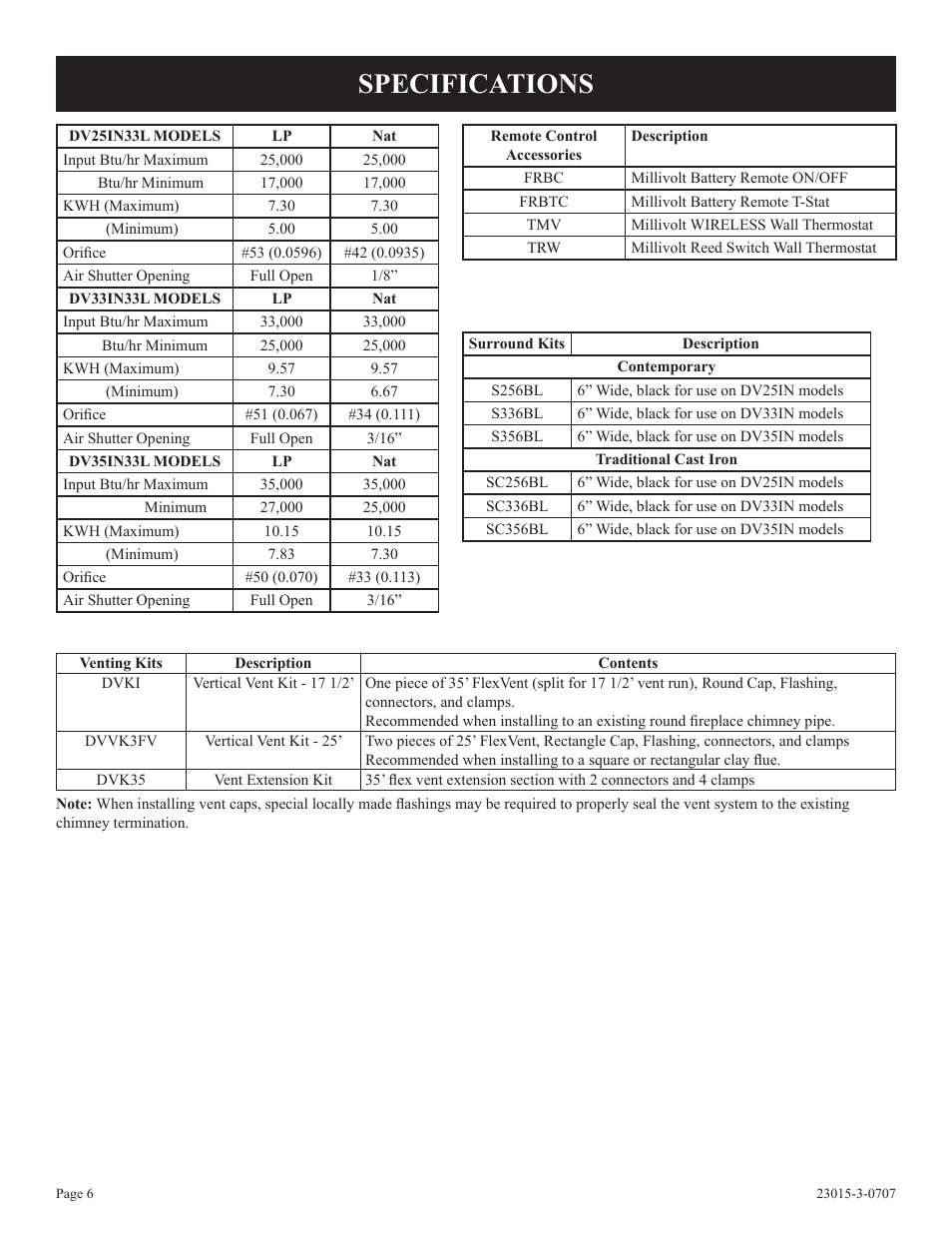 Specifications | Empire Comfort Systems DV25IN33L User Manual | Page 6 / 28