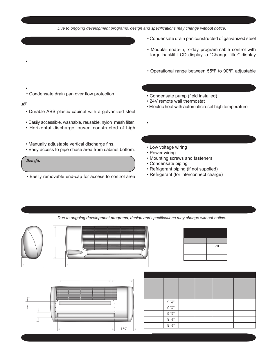 Wlc/wlh features and optional equipment, Wlc/wlh dimensions and specifications | EMI High Wall Evaporator WLC/WLH User Manual | Page 2 / 4