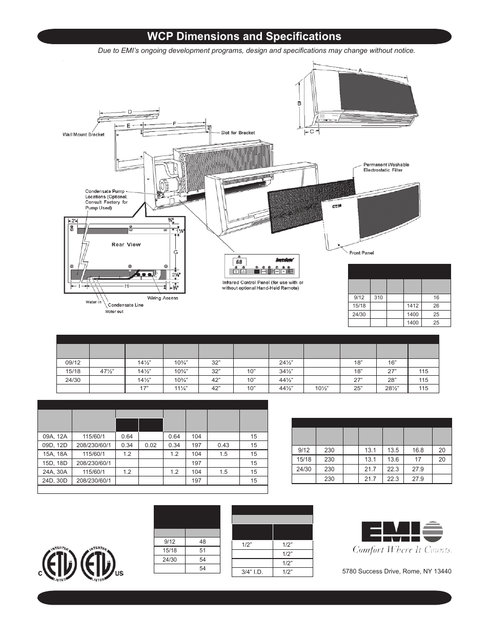 Wcp dimensions and specifications | EMI High Wall Air Handler WCP User Manual | Page 2 / 2