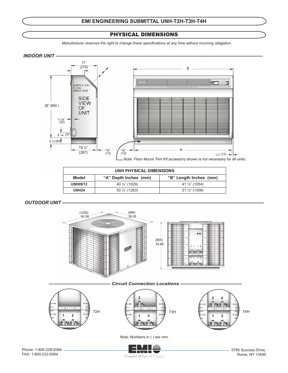 Physical dimensions, Emi engineering submittal unh-t2h-t3h-t4h | EMI UNH-T2H-T3H-T4H User Manual | Page 6 / 6
