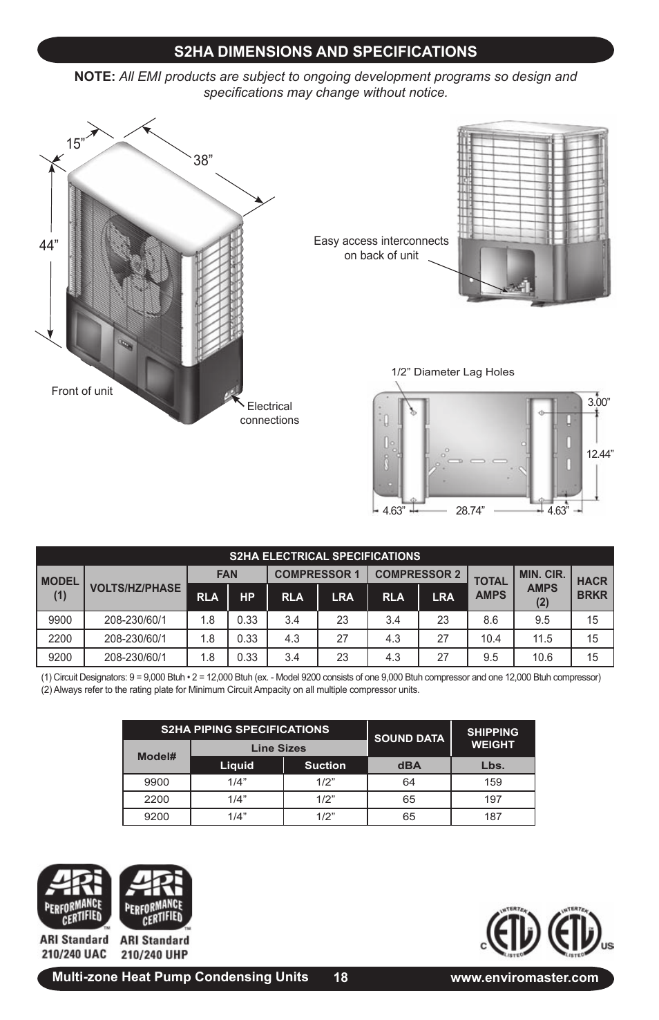 S2ha dimensions and specifications | EMI Corp User Manual | Page 18 / 20