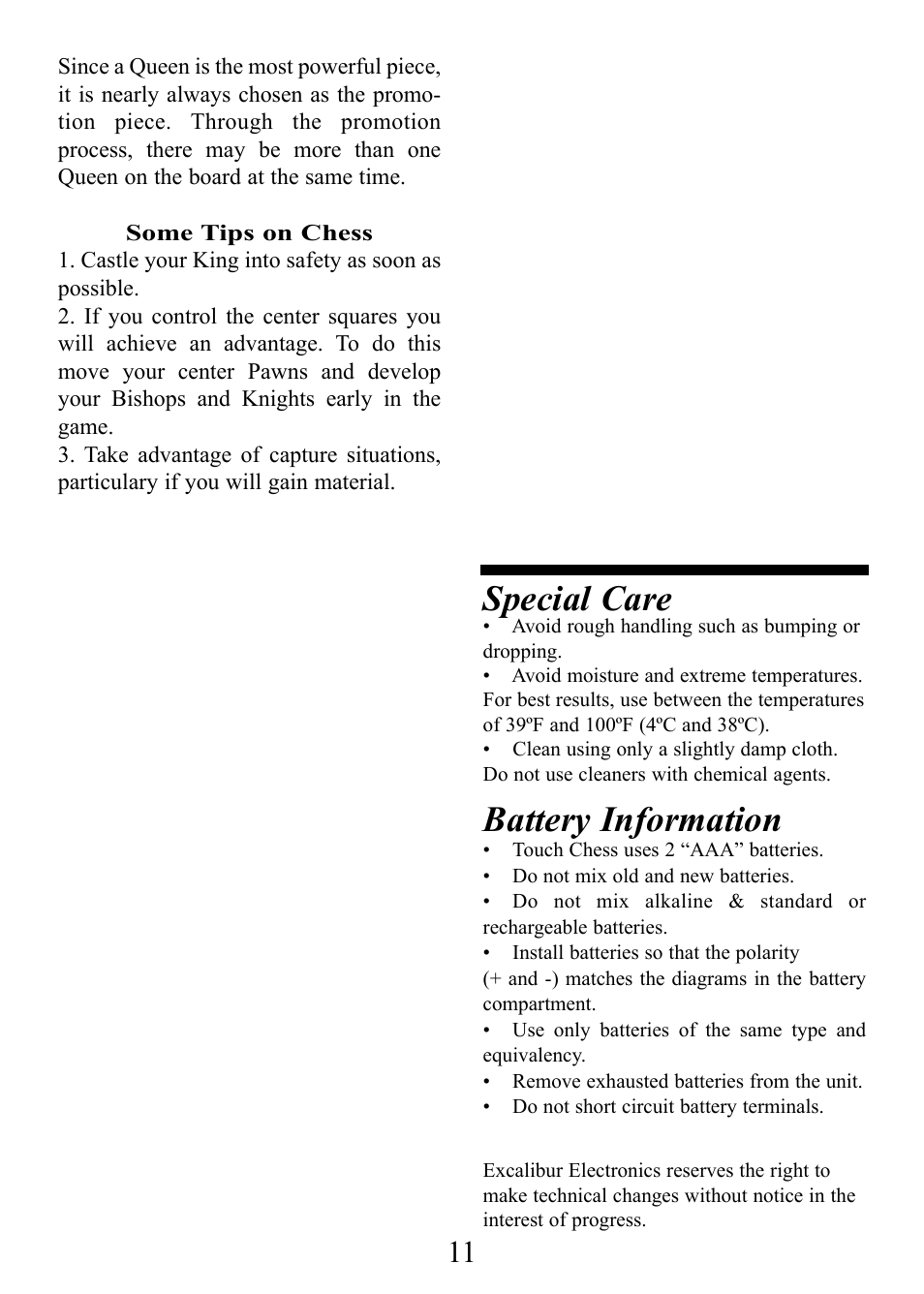 Special care, Battery information | CarAlarms.com DELUXE TALKING TOUCH CHESS 404D User Manual | Page 11 / 12