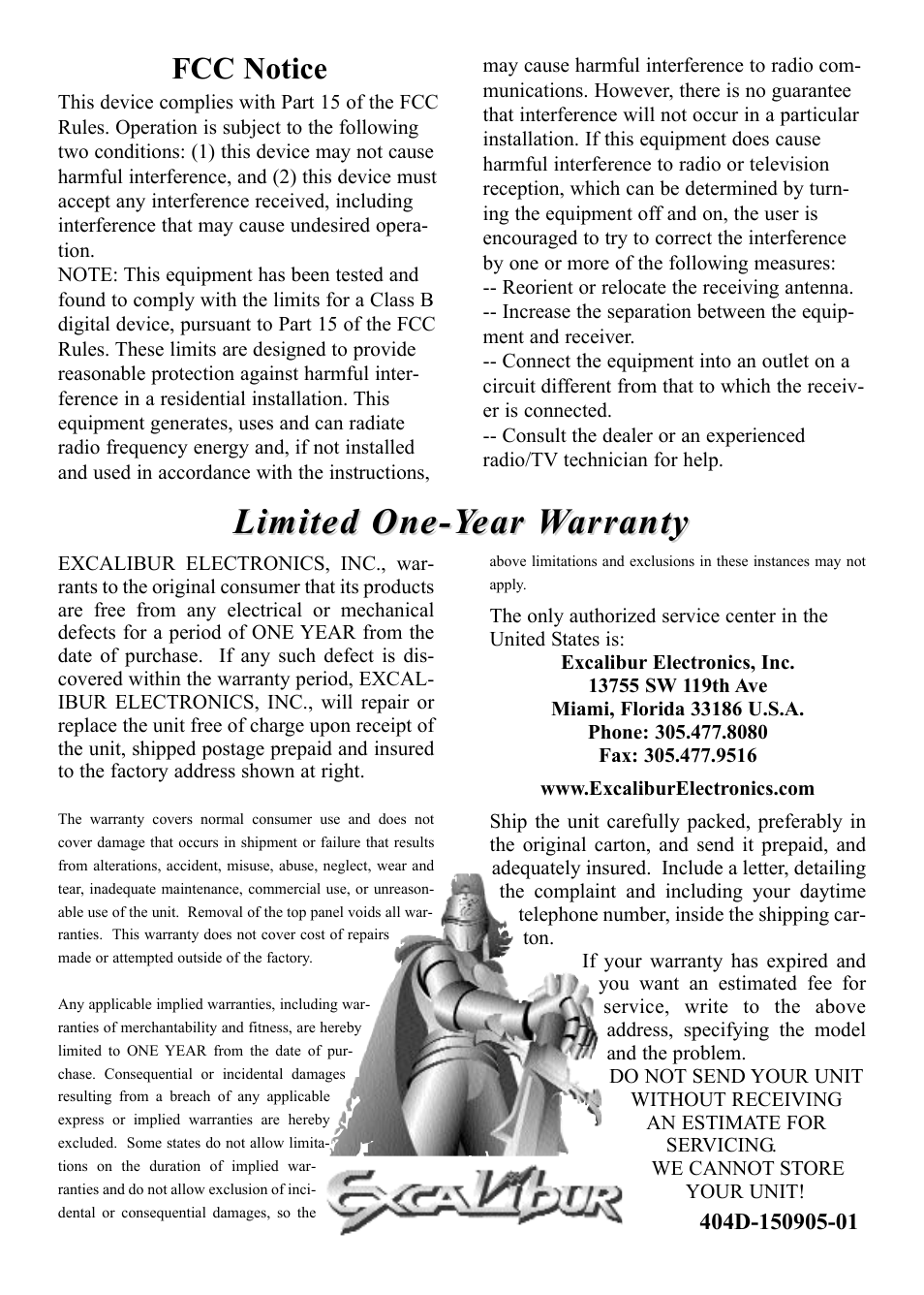 Limited one-y, Limited one-y ear ear w w arranty arranty, Fcc notice | CarAlarms.com DELUXE TALKING TOUCH CHESS 404D User Manual | Page 12 / 12