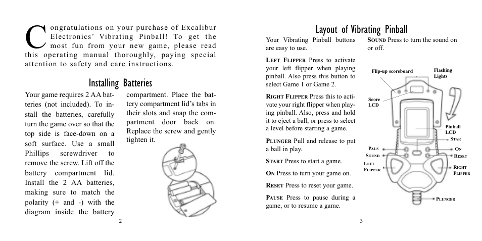Installing batteries, Layout of vibrating pinball | CarAlarms.com 159 User Manual | Page 2 / 5
