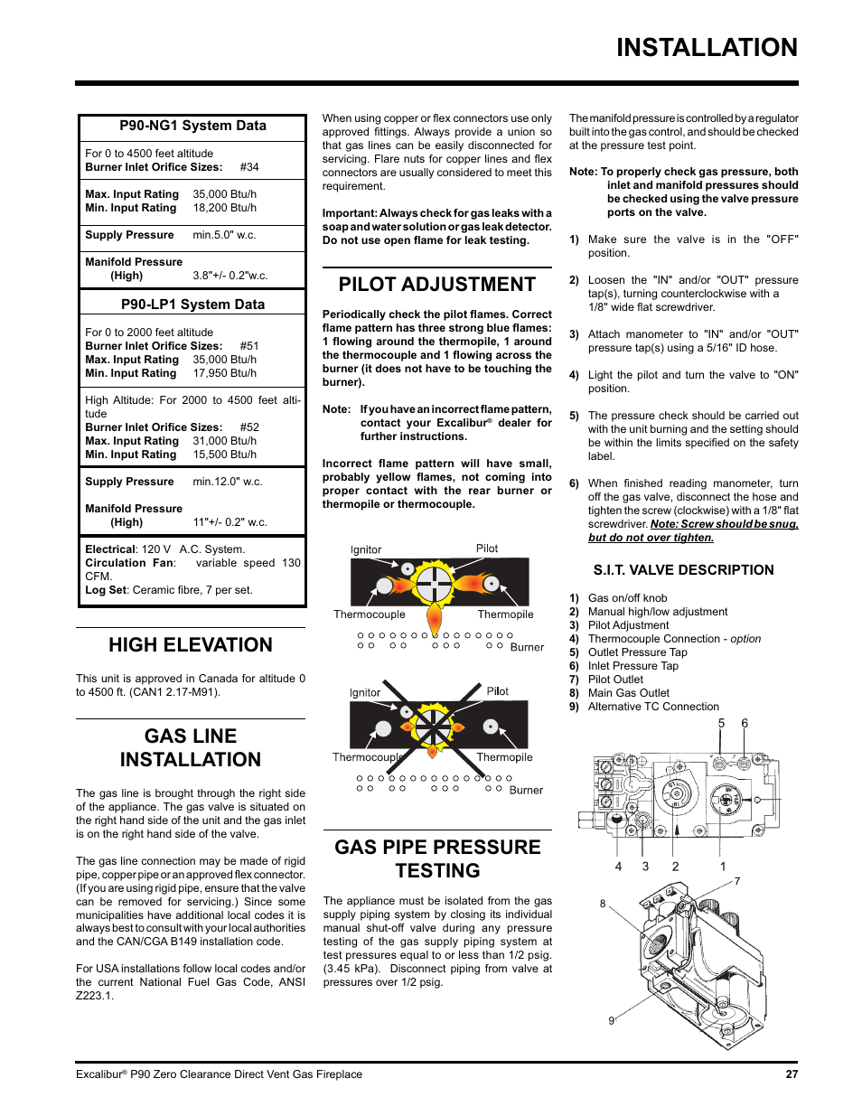 Installation, Gas pipe pressure testing, High elevation | Gas line installation, Pilot adjustment | CarAlarms.com P90-NG1 User Manual | Page 27 / 52