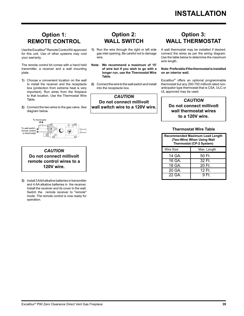 Installation, Option 1: remote control, Option 2: wall switch | Option 3: wall thermostat | CarAlarms.com P90-NG1 User Manual | Page 39 / 52