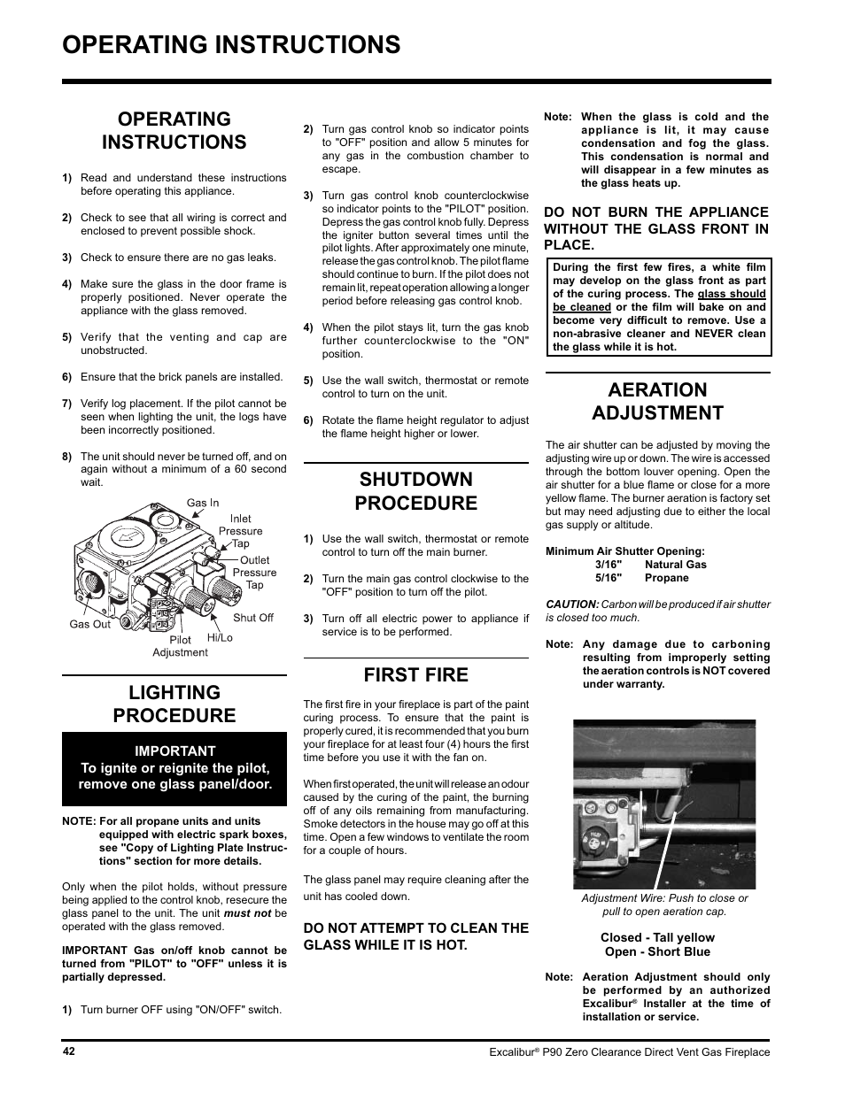 Operating instructions, Lighting procedure, Shutdown procedure | First fire, Aeration adjustment | CarAlarms.com P90-NG1 User Manual | Page 42 / 52