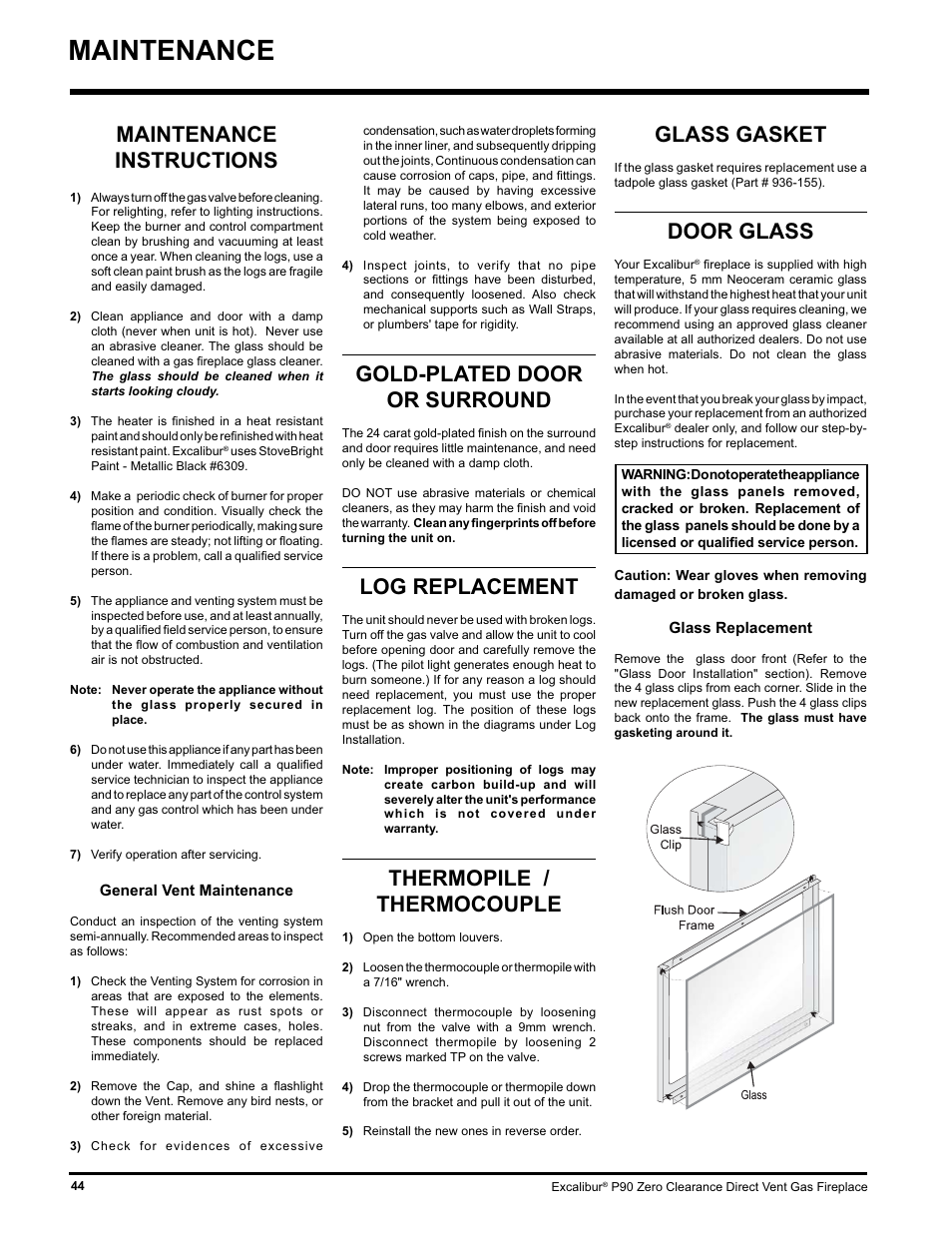 Maintenance, Glass gasket, Door glass | Maintenance instructions, Gold-plated door or surround, Log replacement, Thermopile / thermocouple | CarAlarms.com P90-NG1 User Manual | Page 44 / 52
