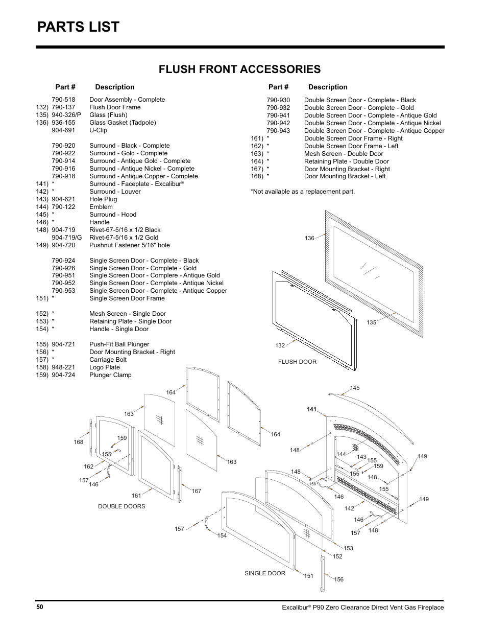 Parts list, Flush front accessories | CarAlarms.com P90-NG1 User Manual | Page 50 / 52