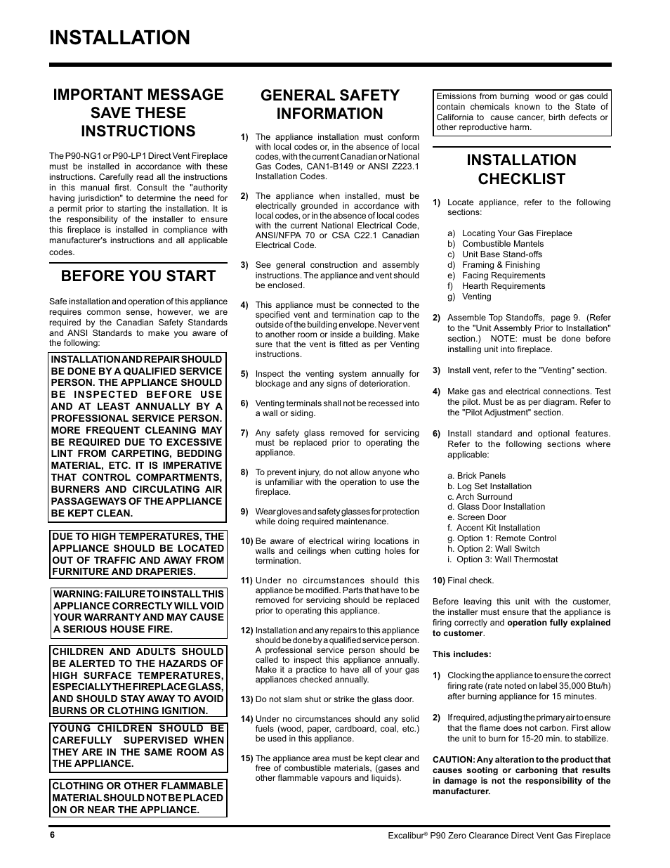 Installation, Installation checklist, Important message save these instructions | Before you start, General safety information | CarAlarms.com P90-NG1 User Manual | Page 6 / 52