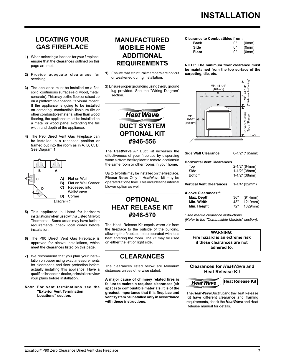 Installation, Clearances, Locating your gas fireplace | Manufactured mobile home additional requirements | CarAlarms.com P90-NG1 User Manual | Page 7 / 52