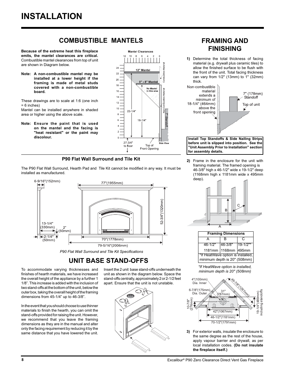 Installation, Framing and finishing, Combustible mantels | Unit base stand-offs | CarAlarms.com P90-NG1 User Manual | Page 8 / 52