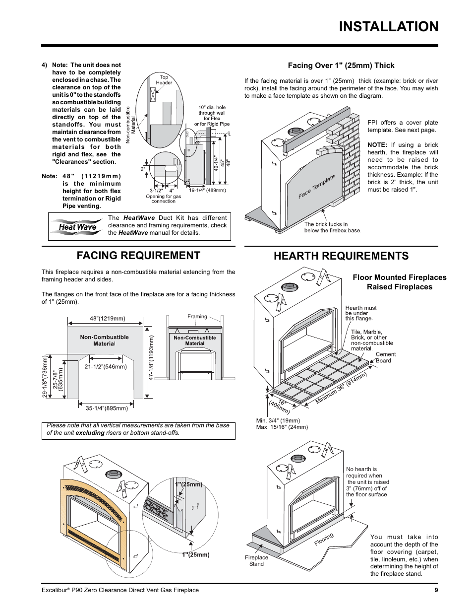 Installation, Hearth requirements, Facing requirement | CarAlarms.com P90-NG1 User Manual | Page 9 / 52