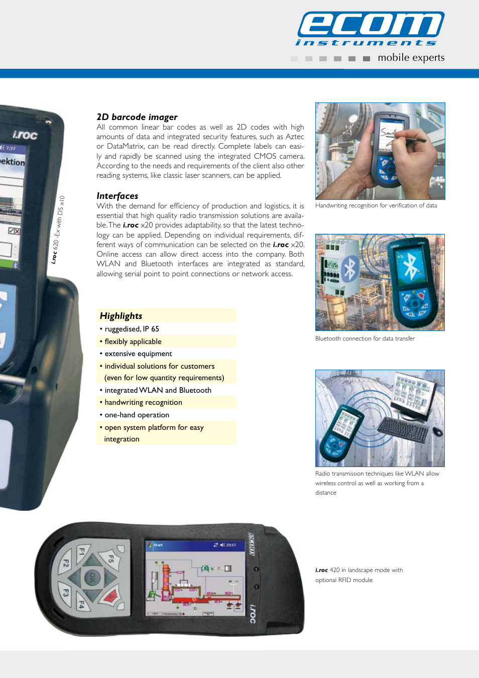 Mobile experts, 2d barcode imager, Interfaces | Highlights | Ecom Instruments X20 User Manual | Page 3 / 13