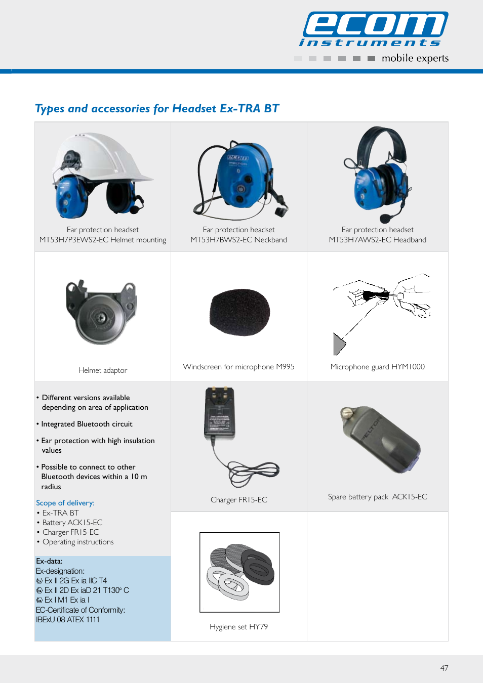 Types and accessories for headset ex-tra bt | Ecom Instruments EX-TRA BT User Manual | Page 2 / 2