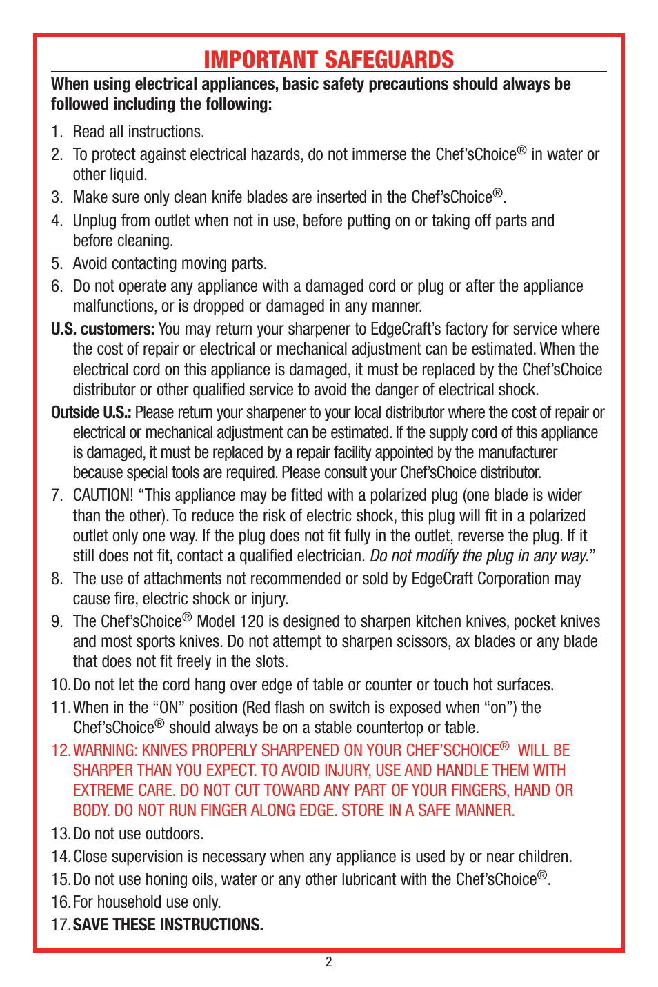 Important safeguards | Edge Craft 120 User Manual | Page 2 / 12