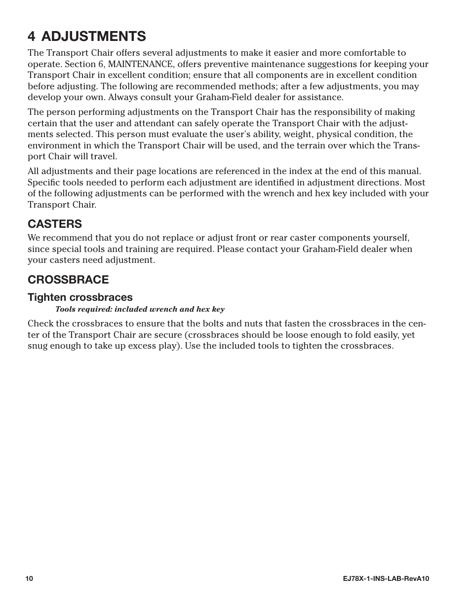 4 adjustments, Casters, Crossbrace | Casters crossbrace | E&J EJ78X-1 User Manual | Page 10 / 20