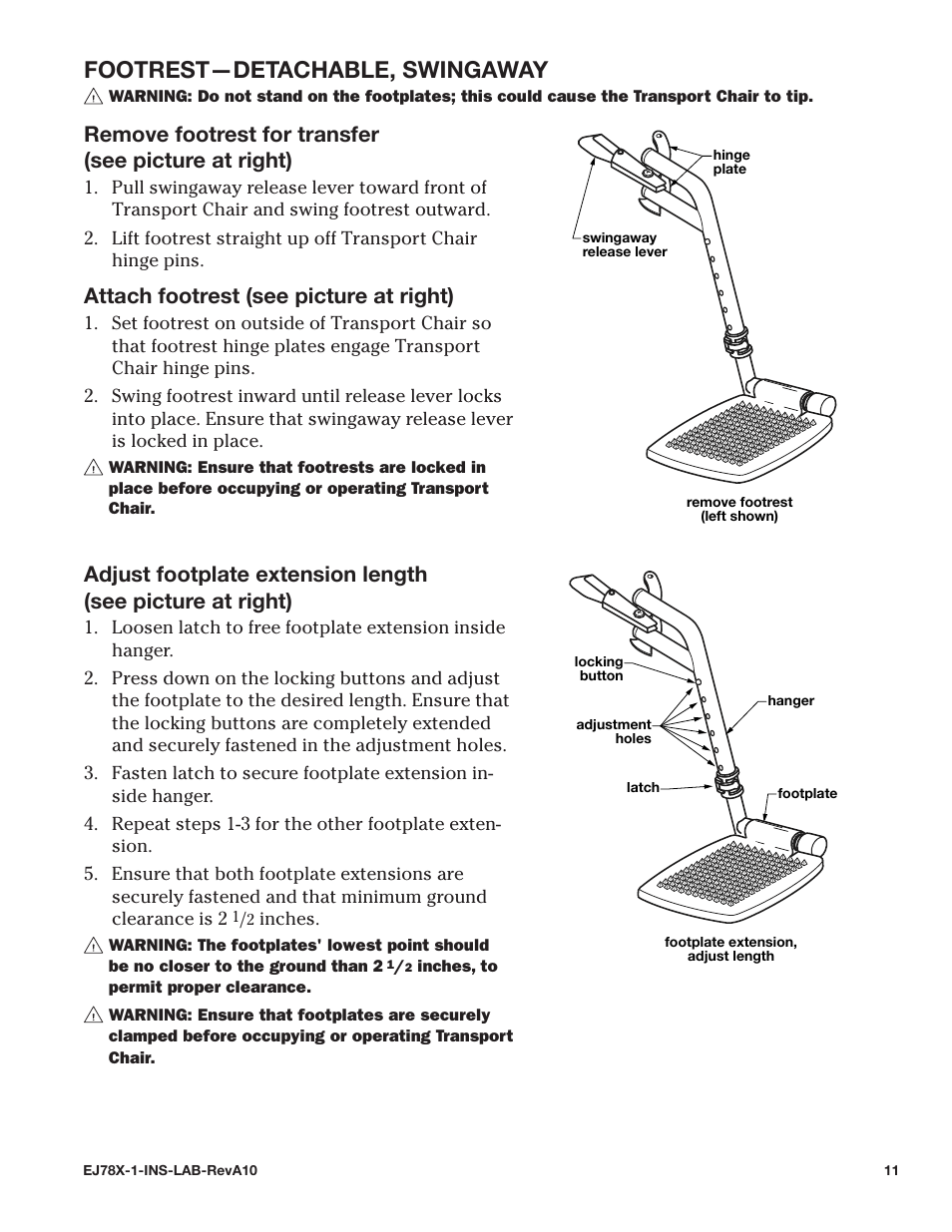 Footrest—detachable, swingaway, Attach footrest (see picture at right) | E&J EJ78X-1 User Manual | Page 11 / 20