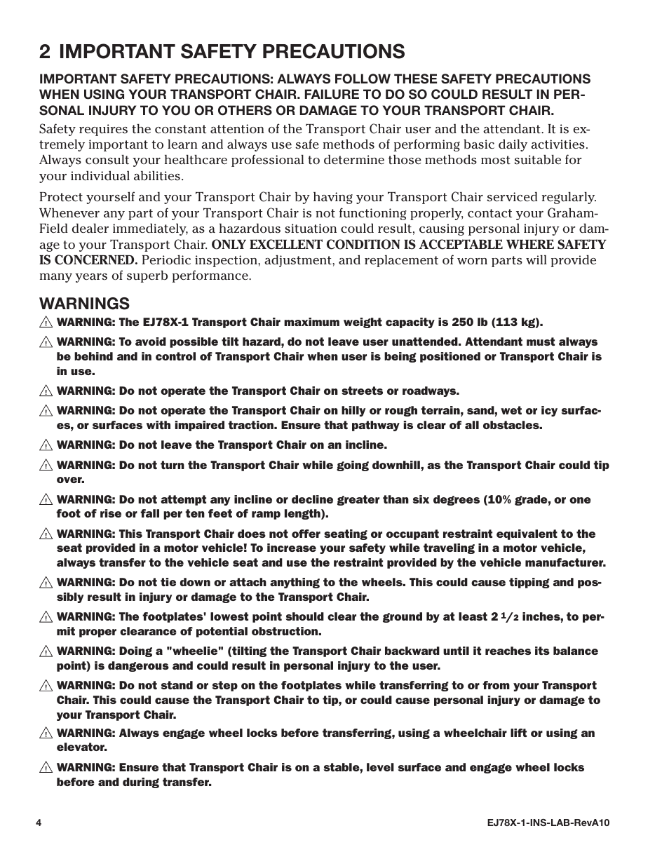 2 important safety precautions, Warnings | E&J EJ78X-1 User Manual | Page 4 / 20