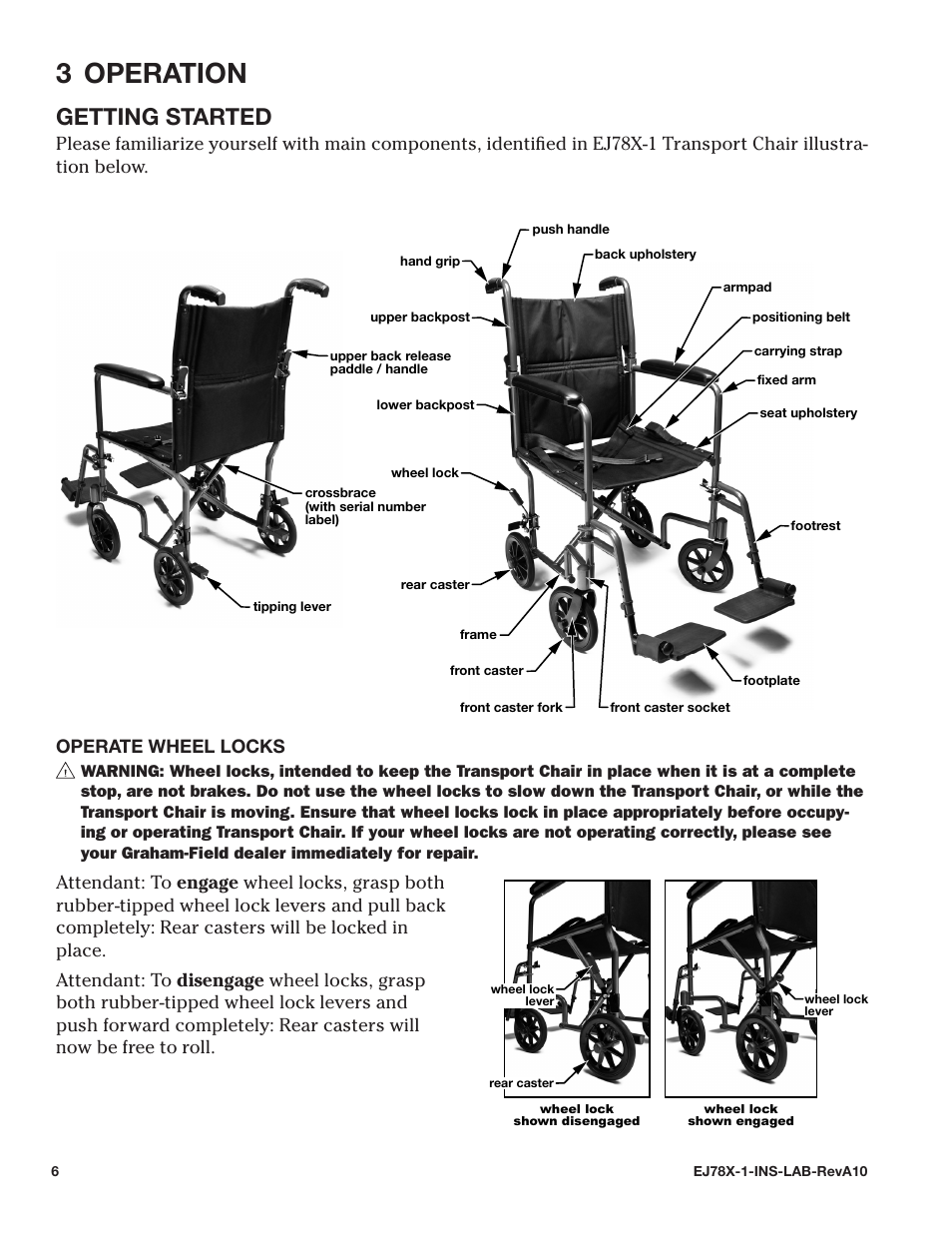 3 operation, Getting started, Operate wheel locks | E&J EJ78X-1 User Manual | Page 6 / 20
