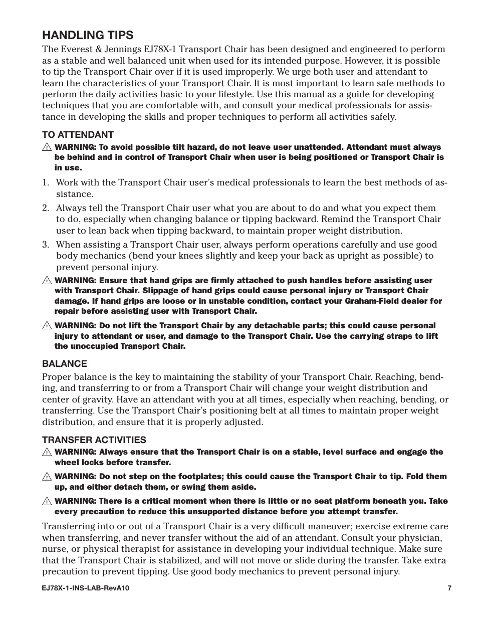 Handling tips, To attendant, Balance | Transfer activities, To attendant balance transfer activities | E&J EJ78X-1 User Manual | Page 7 / 20