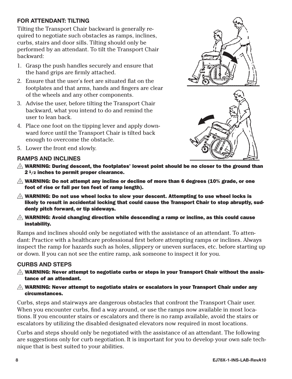 For attendant: tilting, Ramps and inclines, Curbs and steps | E&J EJ78X-1 User Manual | Page 8 / 20