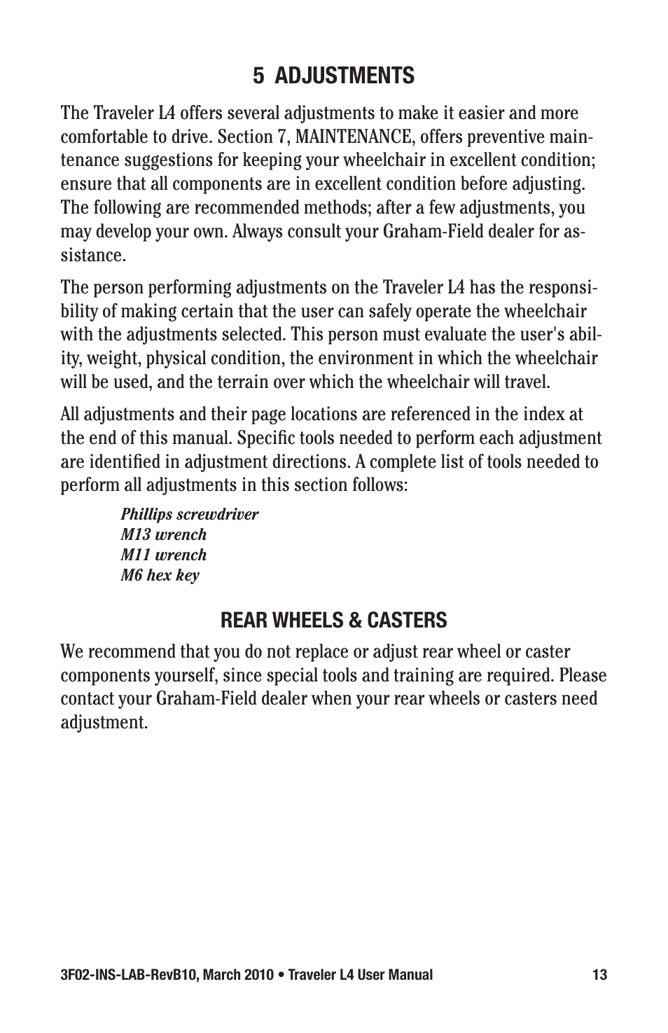 5 adjustments, Rear wheels & casters | E&J TRAVELER 3F02-INS-LAB-REVB10 User Manual | Page 13 / 32