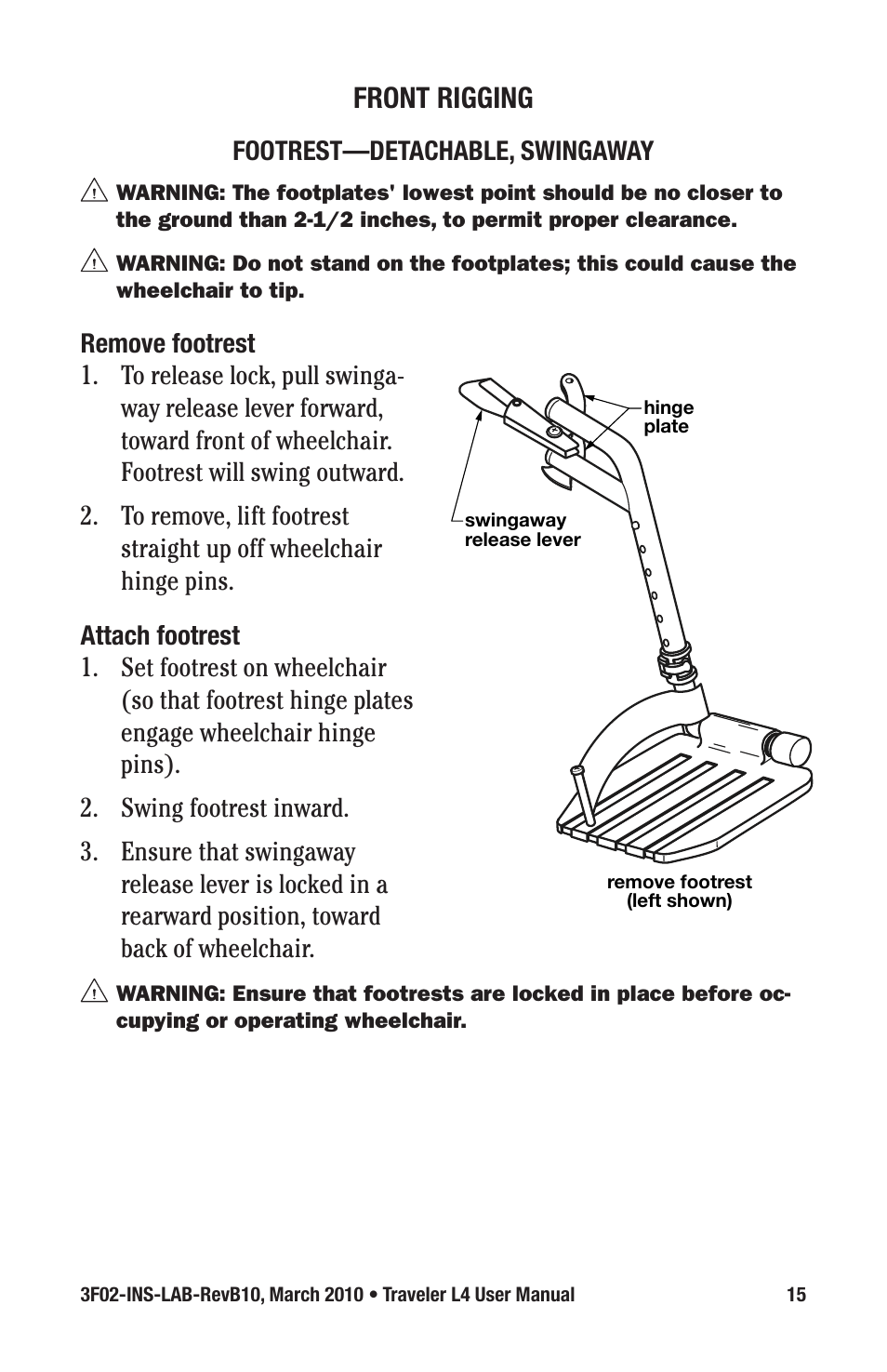 Front rigging, Footrest—detachable, swingaway | E&J TRAVELER 3F02-INS-LAB-REVB10 User Manual | Page 15 / 32