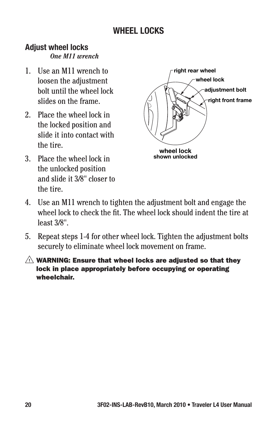 Wheel locks | E&J TRAVELER 3F02-INS-LAB-REVB10 User Manual | Page 20 / 32