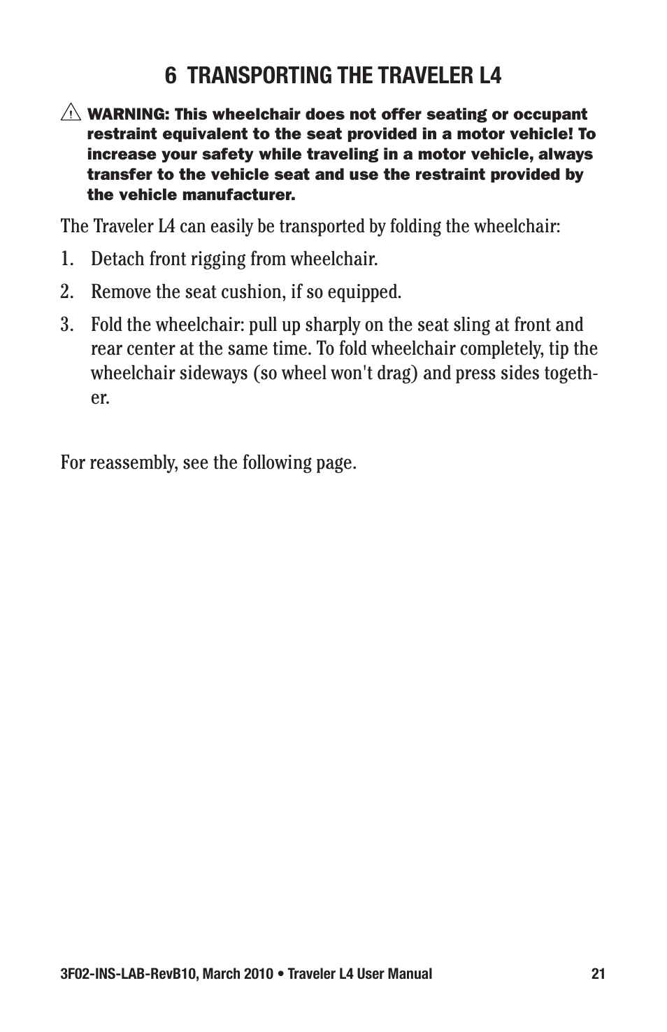 6 transporting the traveler l4 | E&J TRAVELER 3F02-INS-LAB-REVB10 User Manual | Page 21 / 32