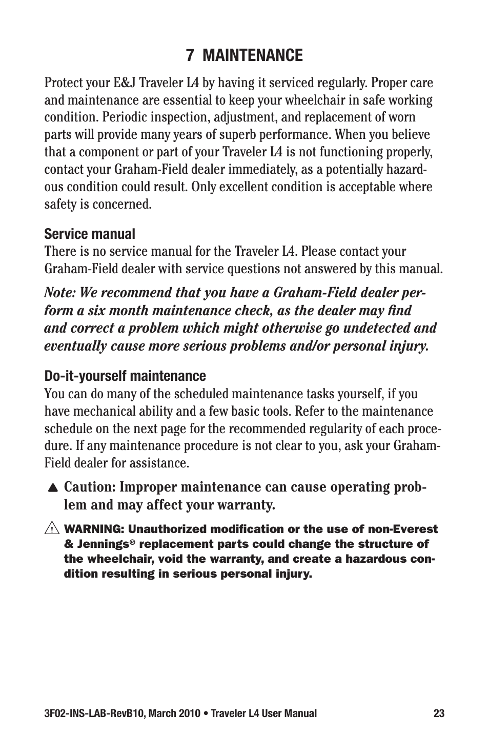 7 maintenance | E&J TRAVELER 3F02-INS-LAB-REVB10 User Manual | Page 23 / 32