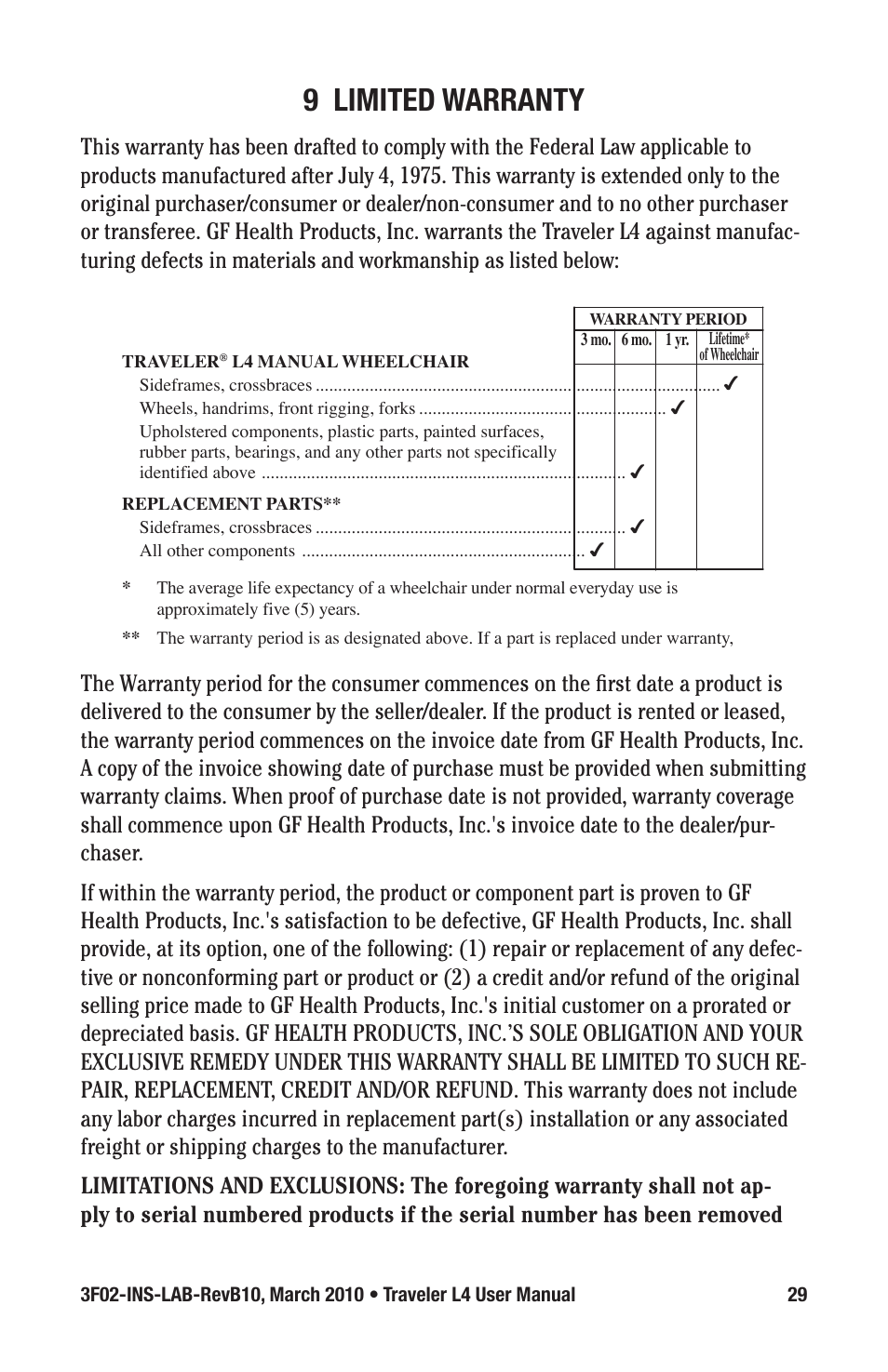 9 limited warranty | E&J TRAVELER 3F02-INS-LAB-REVB10 User Manual | Page 29 / 32