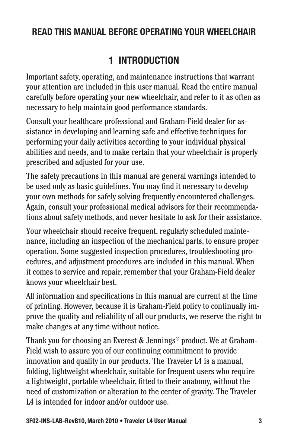 1 introduction, Read this manual before operating your wheelchair | E&J TRAVELER 3F02-INS-LAB-REVB10 User Manual | Page 3 / 32