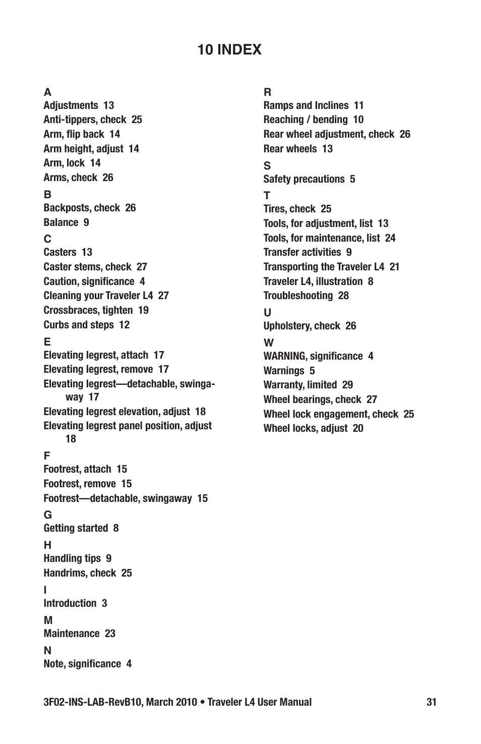 10 index | E&J TRAVELER 3F02-INS-LAB-REVB10 User Manual | Page 31 / 32