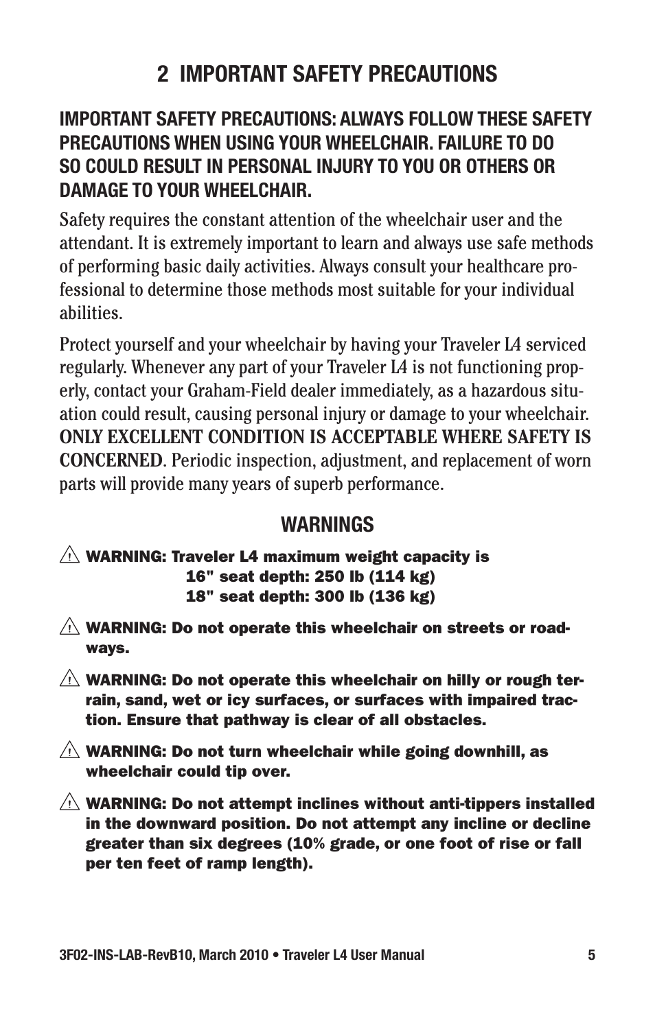 2 important safety precautions, Warnings | E&J TRAVELER 3F02-INS-LAB-REVB10 User Manual | Page 5 / 32