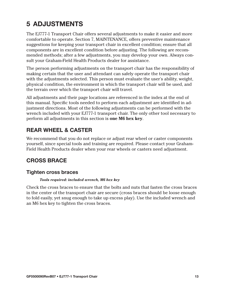 5 adjustments, Rear wheel & caster, Cross brace | Rear wheel & caster cross brace | E&J EJ777-1 User Manual | Page 13 / 28