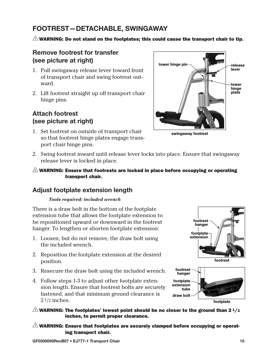 Footrest—detachable, swingaway, Attach footrest (see picture at right), Adjust footplate extension length | E&J EJ777-1 User Manual | Page 15 / 28