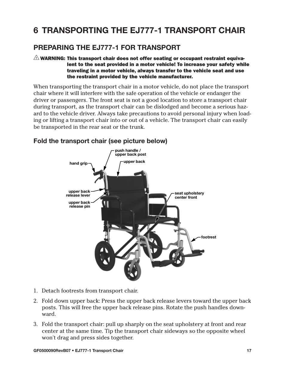 6 transporting the ej777-1 transport chair, Preparing the ej777-1 for transport, Fold the transport chair (see picture below) | E&J EJ777-1 User Manual | Page 17 / 28