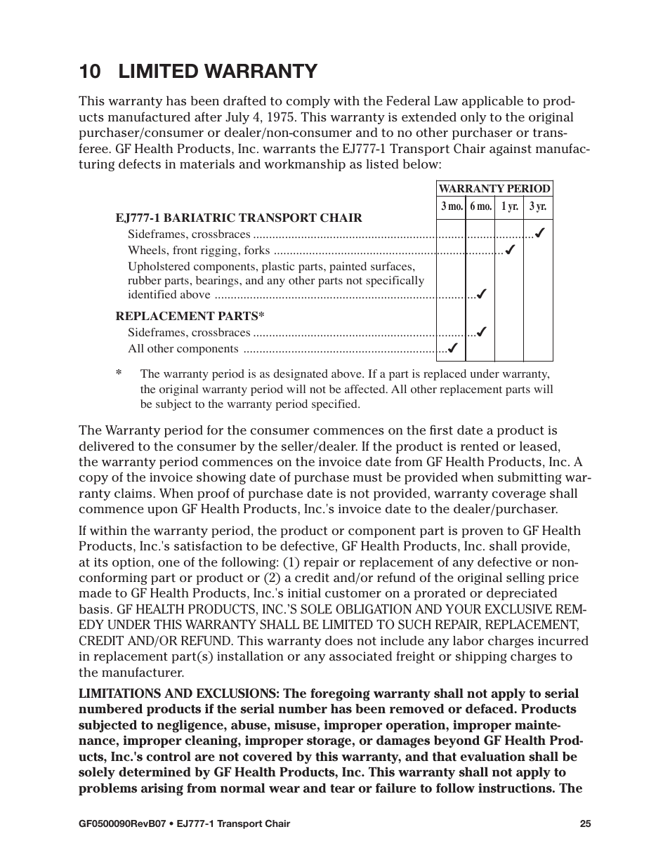 10 limited warranty | E&J EJ777-1 User Manual | Page 25 / 28
