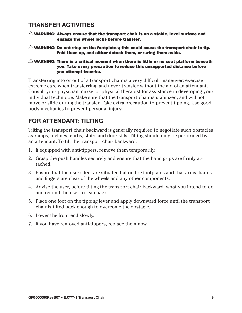 Transfer activities, For attendant: tilting, Transfer activities for attendant: tilting | E&J EJ777-1 User Manual | Page 9 / 28