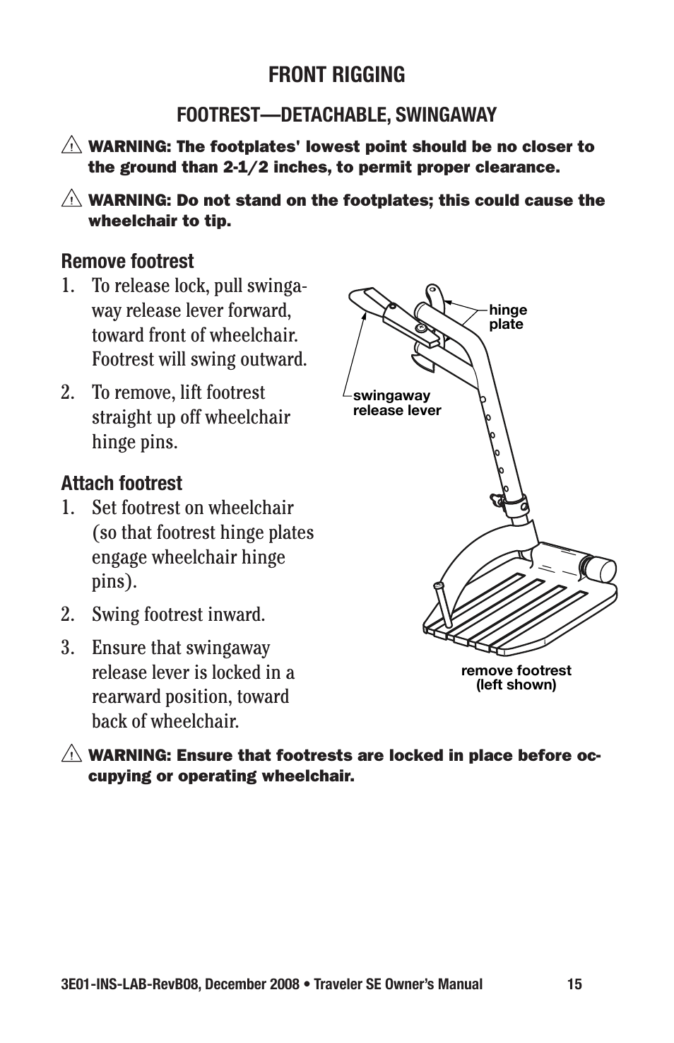 Front rigging, Footrest—detachable, swingaway | E&J TRAVELER SE 3E01-INS-LAB-REVB08 User Manual | Page 15 / 32