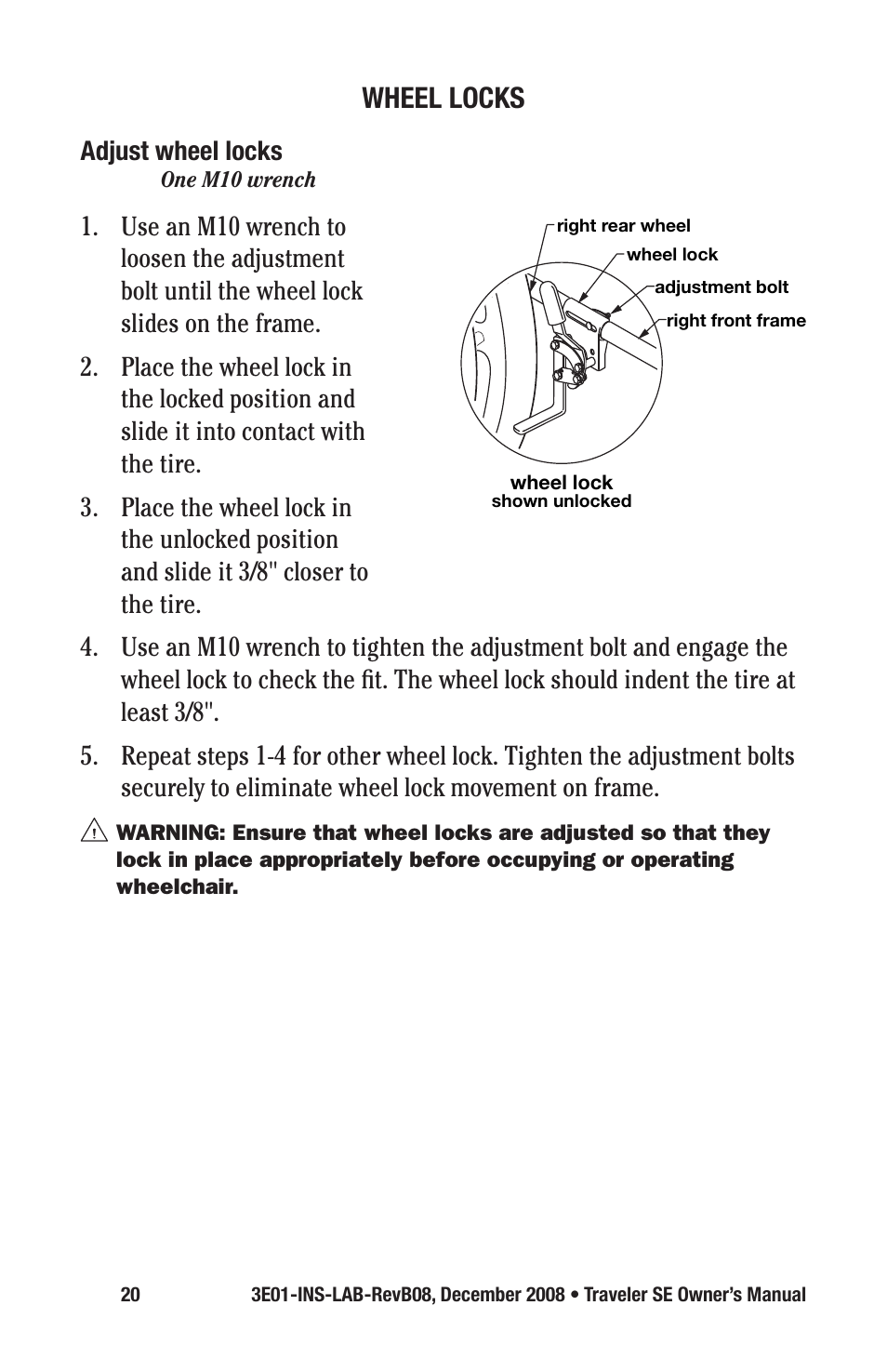 Wheel locks | E&J TRAVELER SE 3E01-INS-LAB-REVB08 User Manual | Page 20 / 32