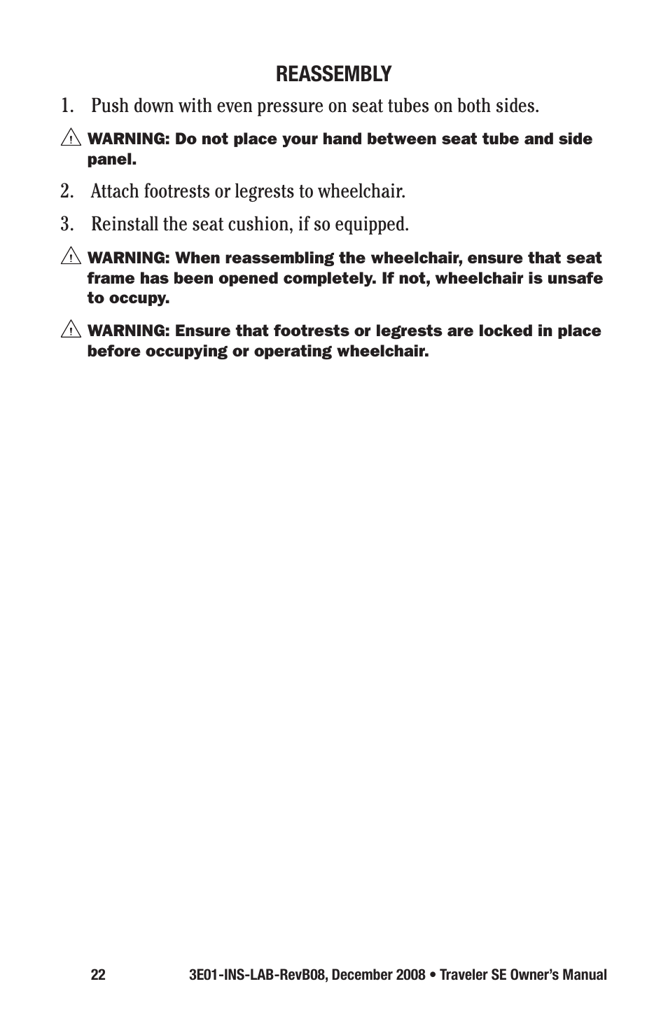 Reassembly | E&J TRAVELER SE 3E01-INS-LAB-REVB08 User Manual | Page 22 / 32