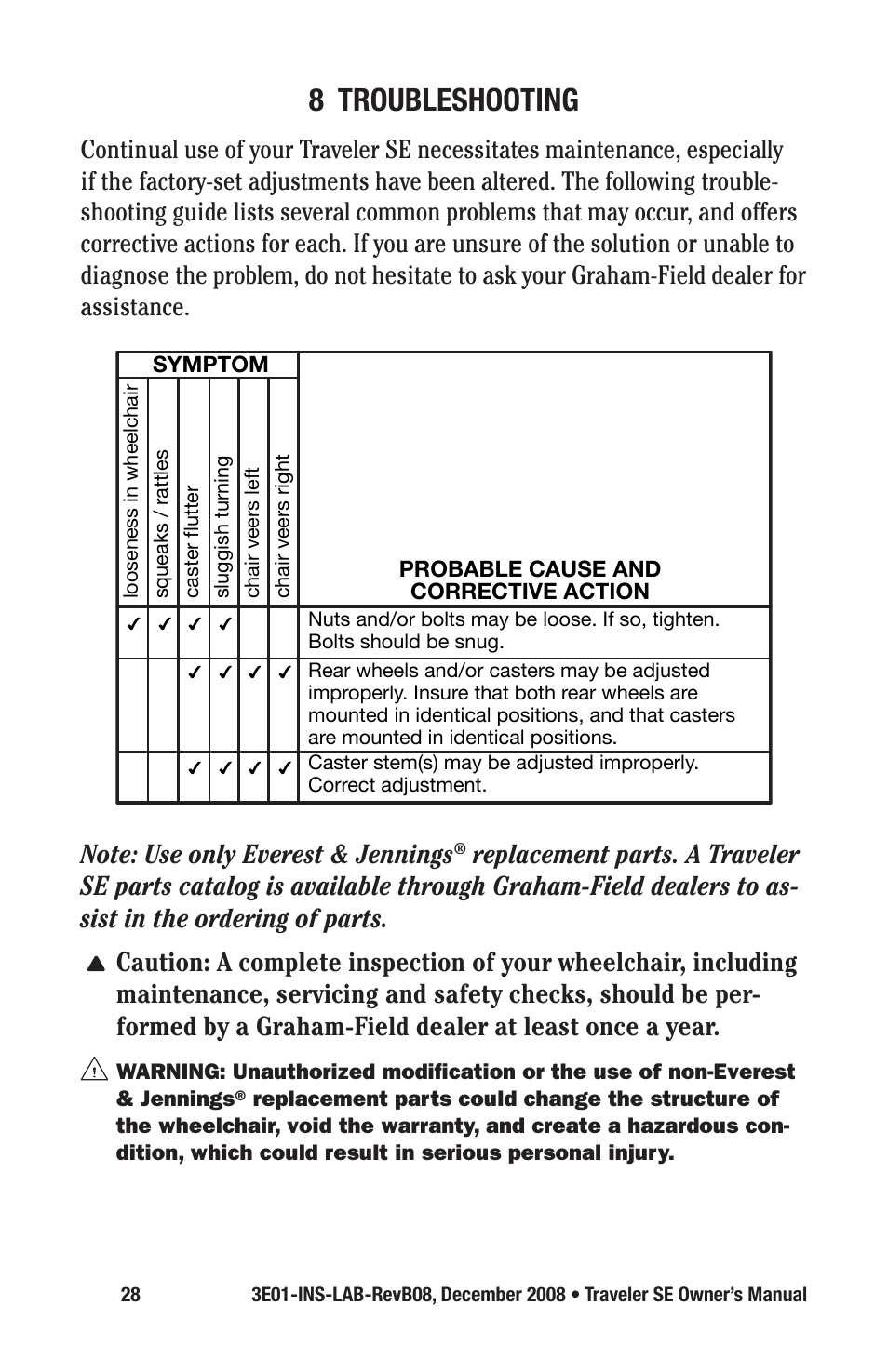 8 troubleshooting | E&J TRAVELER SE 3E01-INS-LAB-REVB08 User Manual | Page 28 / 32