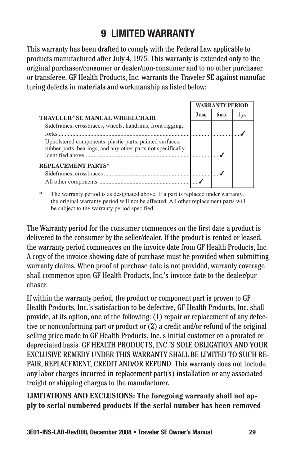 9 limited warranty | E&J TRAVELER SE 3E01-INS-LAB-REVB08 User Manual | Page 29 / 32