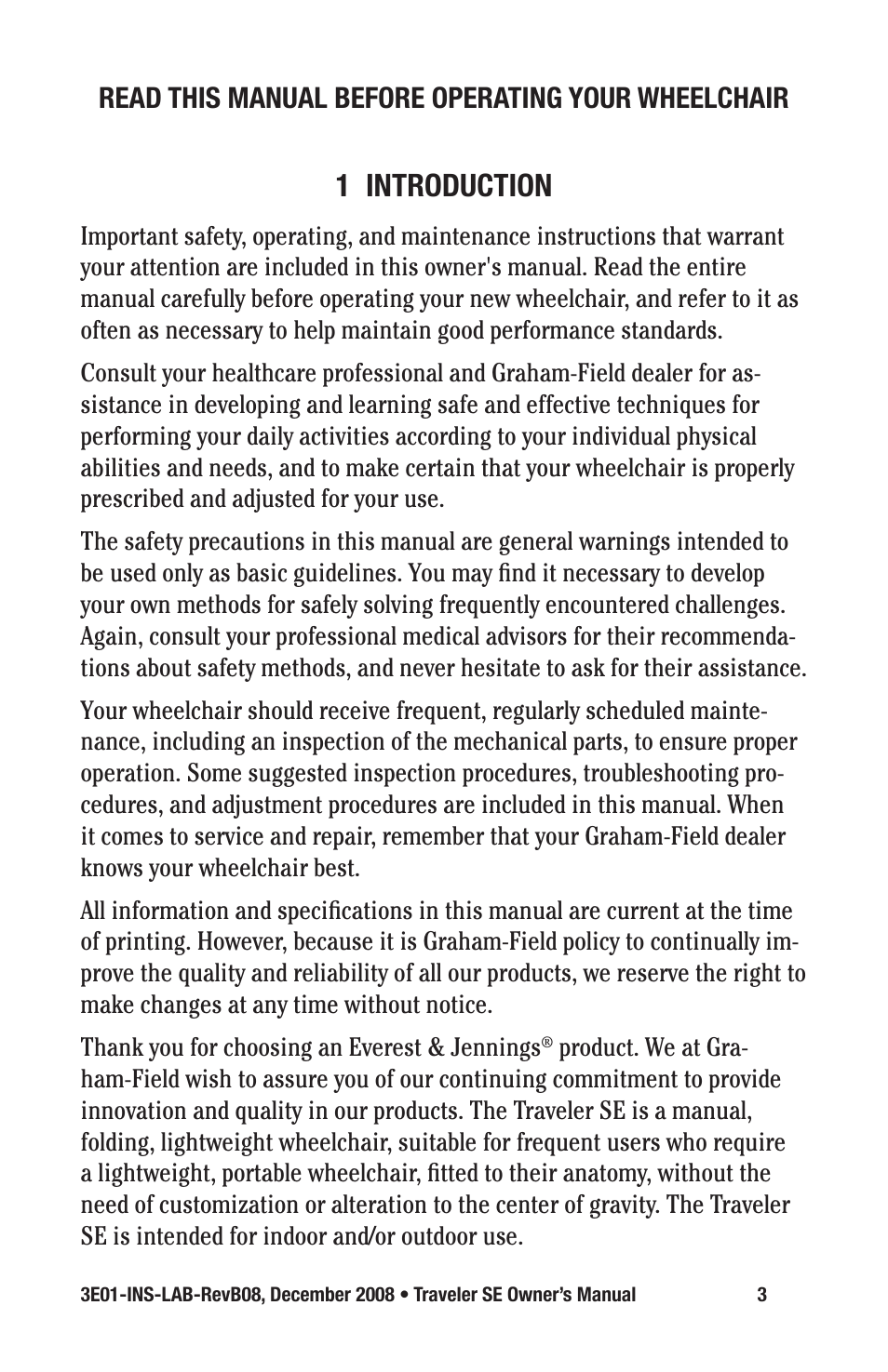 1 introduction, Read this manual before operating your wheelchair | E&J TRAVELER SE 3E01-INS-LAB-REVB08 User Manual | Page 3 / 32