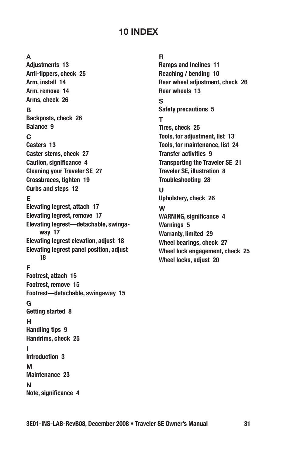 10 index | E&J TRAVELER SE 3E01-INS-LAB-REVB08 User Manual | Page 31 / 32