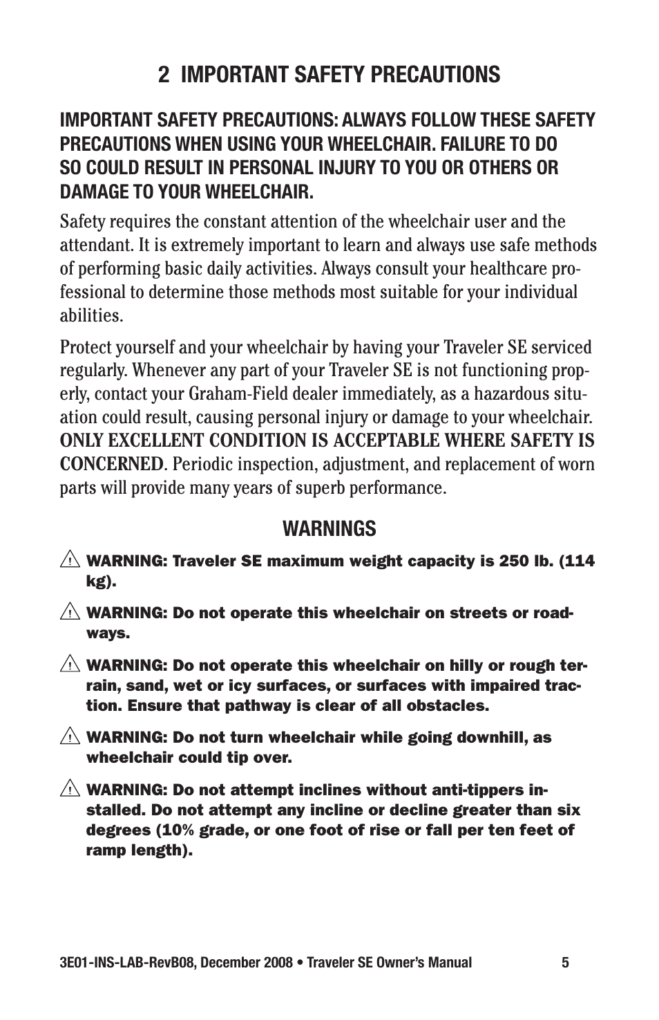 Important safety precautions, Warnings | E&J TRAVELER SE 3E01-INS-LAB-REVB08 User Manual | Page 5 / 32