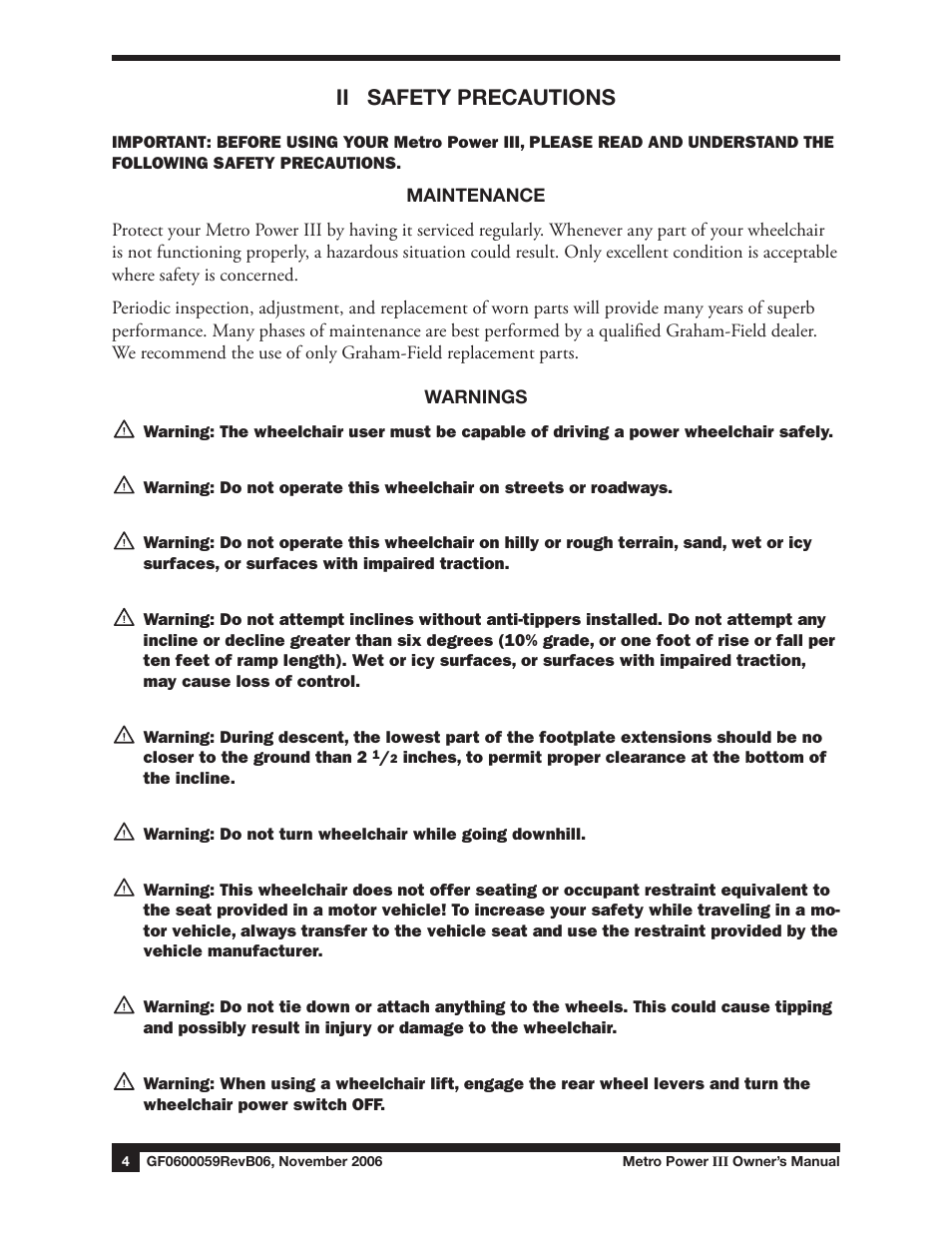 Ii safety precautions | E&J GF0600059REVB06 User Manual | Page 4 / 44